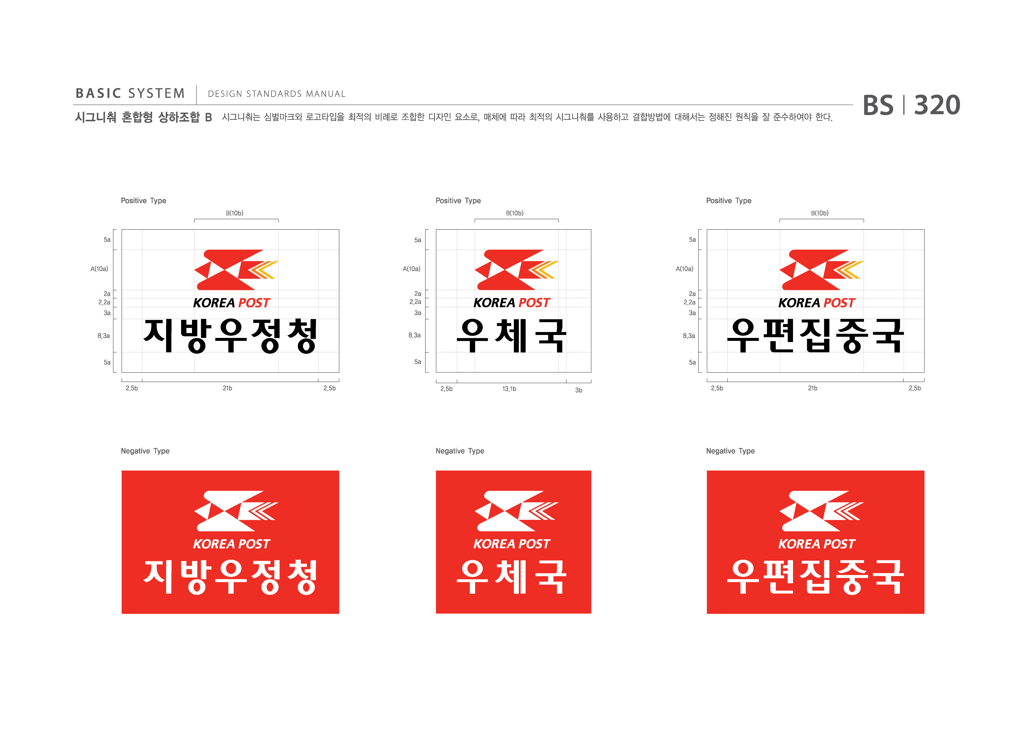 BASIC SYSTEM  DESIGN STANDARDS MANUAL  시그니춰 혼합형 상하조합 B  시그니춰는 심벌마크와 로고타입을 최적의 비례로 조합한 디자인 요소로, 매체에 따라 최적의 시그니춰를 사용하고 결합방법에 대해서는 정해진 원칙을 잘 준수하여야 한다.  BS I 320  Positive Type B(10b)  Positive Type B(10b)  Positive Type B(10b)  5a  5a  5a  A(10a)  A(10a)  A(10a)  2a 2.2a 3a 8.3a  2a 2.2a 3a 8.3a  2a 2.2a 3a 8.3a  5a  5a  5a  2.5b  21b  2.5b  2.5b  13.1b  3b  2.5b  21b  2.5b  Negative Type  Negative Type  Negative Type